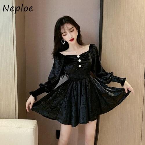Neploe Retro Slim Waist Velet Dress Women Puff Long Sleeve Button A Line Vestido Square Collar High Waist Slim Ropa Autumn 46994