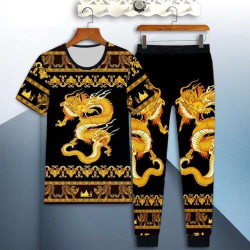 3D dragon print mens casual suit summer short-sleeved T-shirt + trousers 2-piece trend Chinese style dragon mens clothing