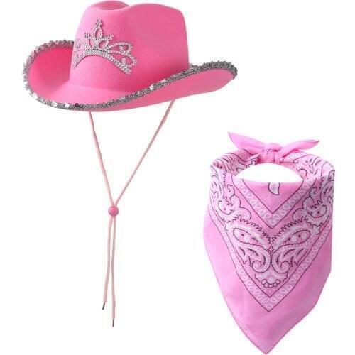 Drawstring Western Cowboy Hat Kids Christmas Non-woven Rope Brim Hat with Pattern Print Bandanna