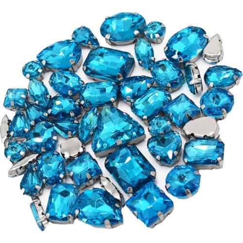Top Crystal Lake Blue Glass Mix Shape Sew on Rhinestones Silver Claw DIY Decoration