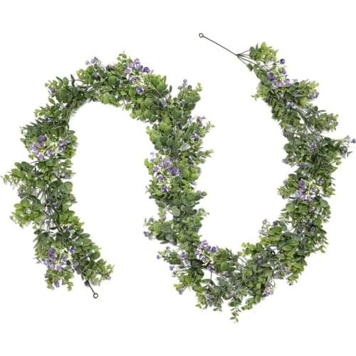 Artificial Eucalyptus Garland Faux Silver Dollar Eucalyptus Leaves with Purple Flower Vines for Greenery Garland Table