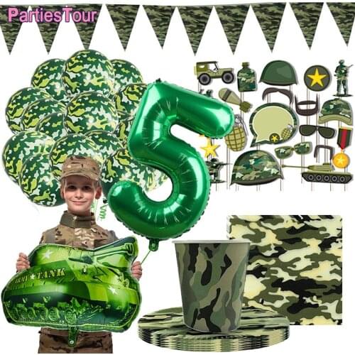5th 6th 7th 8th Birthday Army Military Camouflage Party Tank Balloon 32inch Number Helium Camo Party Supplies Tableware Banner