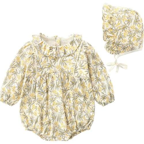 0-18m Baby Clothes Set Toddler Bodysuit Spring Autumn Long Sleeve Cotton Floral Print Baby Girls Outfits Playsuits + Hats Set