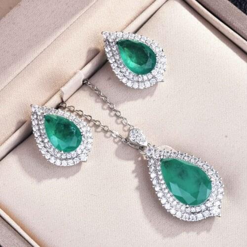 Vintage 925 Sterling Silver Emerald Green Gemstone Pendants Necklaces Earrings Set Wedding Party Fine Jewelry Sets for Women
