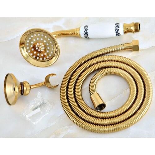 Gold Color Brass Hand Held Shower Head Wall Holder Bracket 1.5M Hose Set Water Saving Bathroom Handheld Sprayer ahh042
