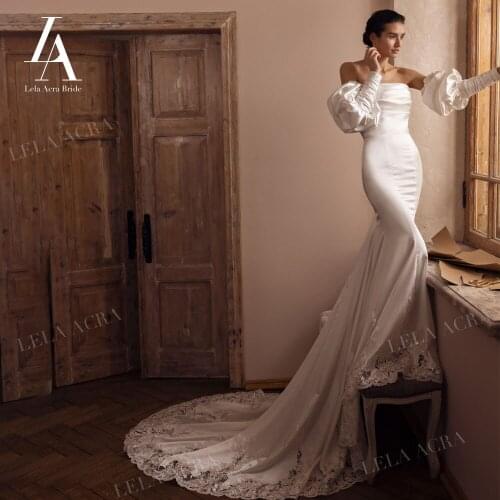 LelaAcra Strapless Wedding Dress 2022 Satin 2 In 1 Puff Sleeve Backless Mermaid Princess Bride Gowns R111 Vestido de Noiva