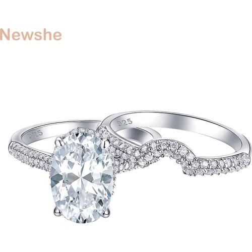 Newshe 2 Pieces Solid 925 Sterling Silver Engagement Ring Wedding Band Bridal Set Oval Shape AAAAA Zircon Grand Jewelry BR0875