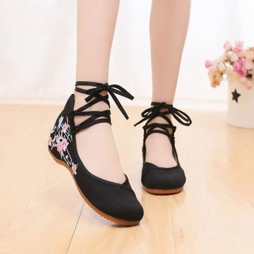 Ankle Strap Women Canvas Embroidered Ballet Flats Ladies Comfortable Cotton Dance Ballerinas Vegan Muslem Shoes