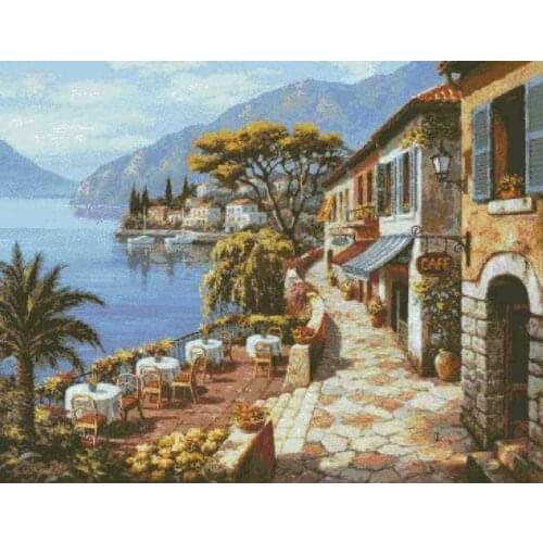 Seaside Coffee Shop Scenery Sewing Kit Top Quality Embroidery Needlework 14CT Unprinted Art Cross Stitch Kits DIY Handmade Decor