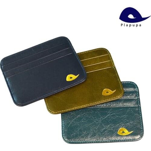 Plapupa 100% Cow Leather Plus Size Vintage Card Holder with Gold Logo Corner Genuine Leather card case credit