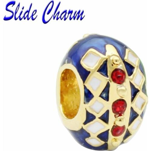 DIY Big Hole Beads, Red Rhinestone Embellished Blue Enamel Russian Golden Rose Eggs Gold Easter Amulet for Halloween Gifts