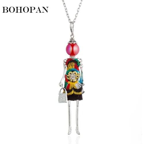 Silver Alloy Doll Necklace Women Vintage Flower Embroidery Dress Back Button Doll Necklace Accessories Jewelry Collier Femme