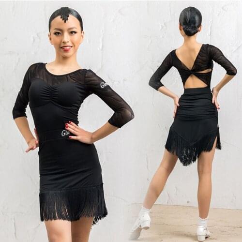Mesh Latina Dance Tops Girls Fringe Skirt Designer Clothes Stage Costume Backless Salsa Dancing Outfits Tap Dance Wear DL7607