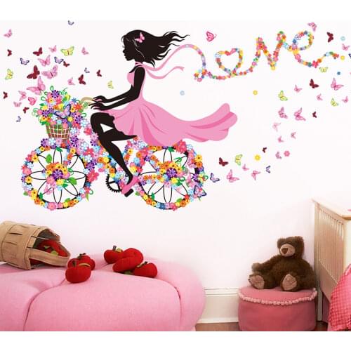 [SHIJUEHEZI] Cartoon Fairy Girl Wall Stickers Vinyl DIY Butterflies Bicycle Mural Decals for Kids Rooms Baby Bedroom Decoration