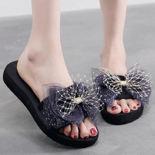 Summer Shoes Ladies Slippers Cute Bow Open Toe Low Platform Flip Flops for Women house indoor Flats Beach Slides Female qq667