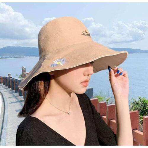 Women Summer Sun Protection Hat Fisherman Cap Reversible Marguerite Embroidery Black Yellow Pink Blue traveling Beach Wild Hats