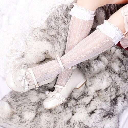 Cute Lolita Heart Patterned Hollow Mesh Girls Lace Stocking Japanese Style Women Lace Ruffle Long Socks Retro Lovely