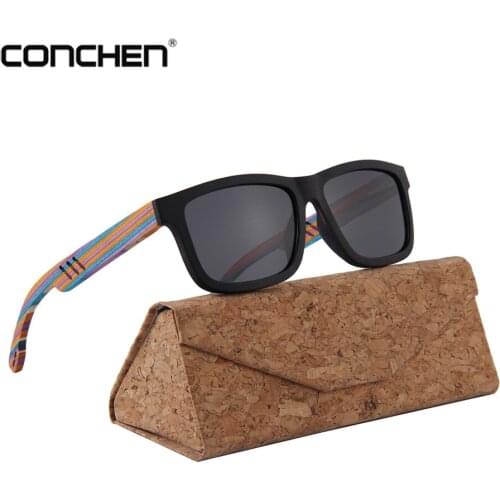 CONCHEN Retro Sunglasses Men Luxury Ebony Wood Frame Rainbow Wood Temple Women Polarized Sunglasses W3080