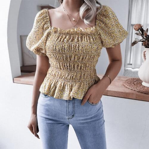 Chiffon Lantern Sleeve Floral Womens Blouse Sweet Square Neck Ruffle Female Blouses 2021 Summer Office Ladies Casual Tops New
