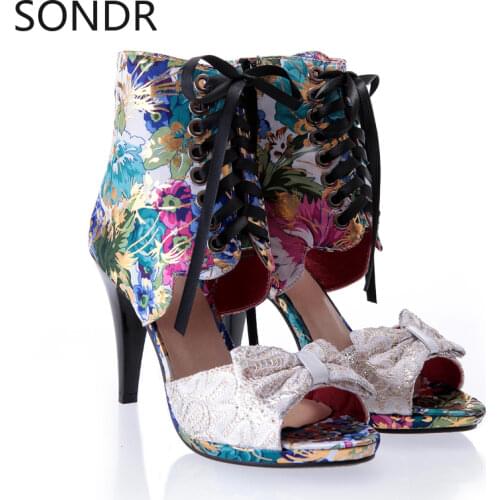 Women Peep Toe Floral Print Ankle Strappy Bowknot Stilettos Sequins Bling High Heel Slingback Pumps Sandal Shoes 2Colors Plus Sz