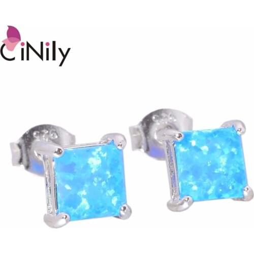 CiNily Created Blue White Fire Opal 6x6mm Authentic .925 Sterling Silver Wholesale HOT for Women Jewelry Stud Earrings SE018-19