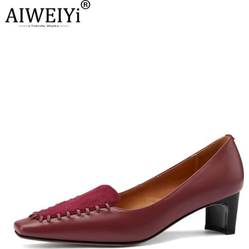 AIWEIYi Woman Shoes Black Red Genuine Leather Block Heel High Heels Ladies Party Pumps