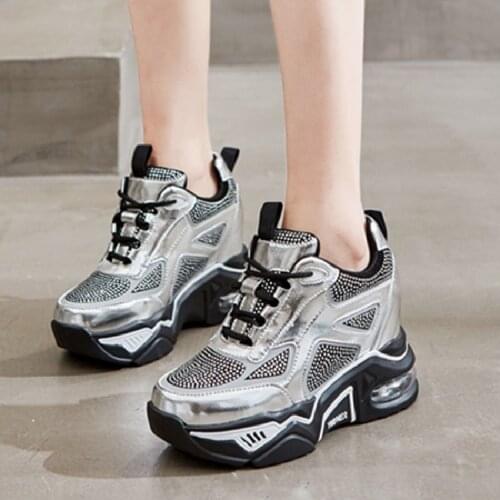 Spring Autumn New Height Increasing Platform Crystal Cross-tied Genuine Leather Women Casual Pumps Ladies Sneakers Shoes 2021