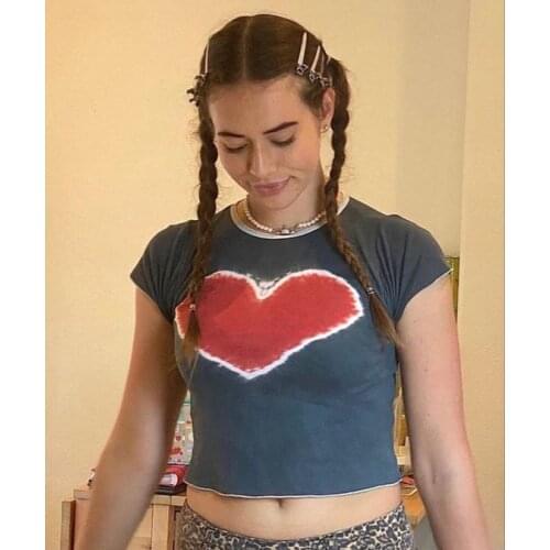 Stylish Heart Pattern Printed Crop Top Short Sleeve Round Collar T-shirt Women Wild Casual Close-Fitting Shirt for Dating