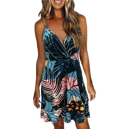 Women Summer Dress Leaves Printing V-neck Strap Casual Beach Dress Sundress Summer Loose Pockets Swing Dresses For Women