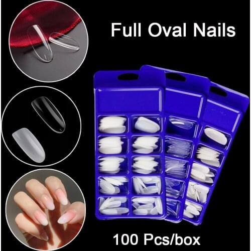 100pcs/box Clear Full Cover Oval Fake Nails Acrylic Artificial False Nails Oval Round Shape Full Cover Short Nail Art Tips Tools