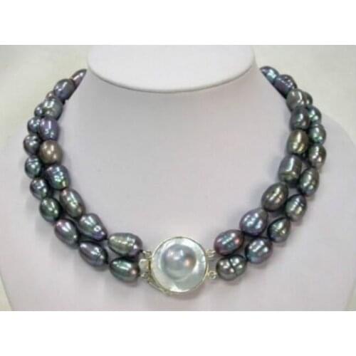 2 Rows natural 9-11mm real black pearl necklace 17"-18" Factory Wholesale price mujer for women gift silver-jewelry Mothers gif