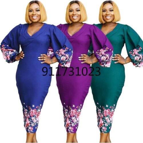 African Dresses for Women 2021 New Summer African Women V-neck Printing Polyester Dress African Clothes
