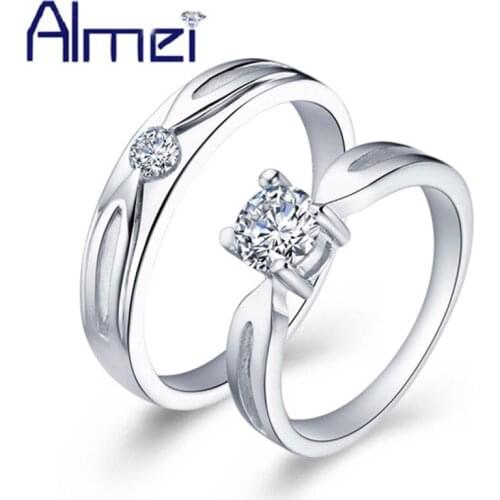 Almei Two Pieces Pair Rings for Men/Women CZ Zircon Couple Womens Mens Cubic Zirconia Jewlery Jewelry Silver Color Ring J041