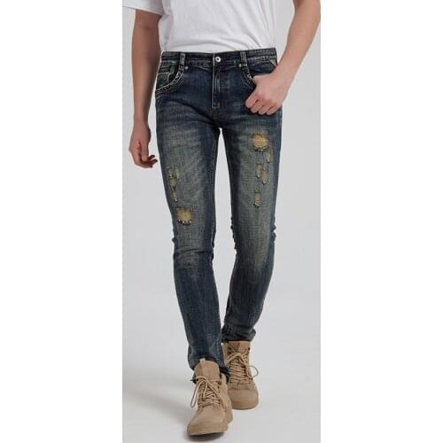 European American Street Fashion Men Jeans High Quality Destroyed Slim Ripped Jeans Men Embroidery Designer Vintage Denim Pants
