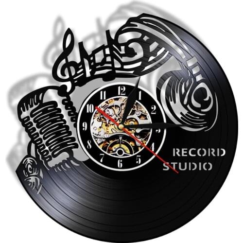 Record Studio Vintage 12" Black Hanging Wall Clock Music Note Rock n Roll Headset Microphone LED backlight Watch zegarki ścienne
