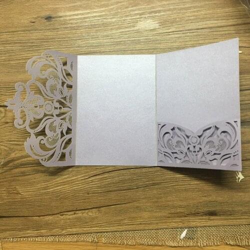 Hot sell rectangle tri fold wedding invitation card with matching laser cut pocket design with rsvp and thank you card