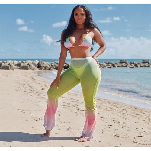 Summer Gradient Mesh Bikinis Sets Women Sexy Bra Halter Crop Top and Long Flare Pants Women Summer Swimsuit 2021 Two Pieces Suit