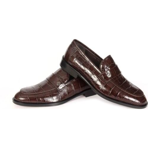 Handmade Brown Loafers with Non Slip Injected Leather Sole, Shiny Croco Skin Imitation Calf Leather, Mens Premium Classic Shoes