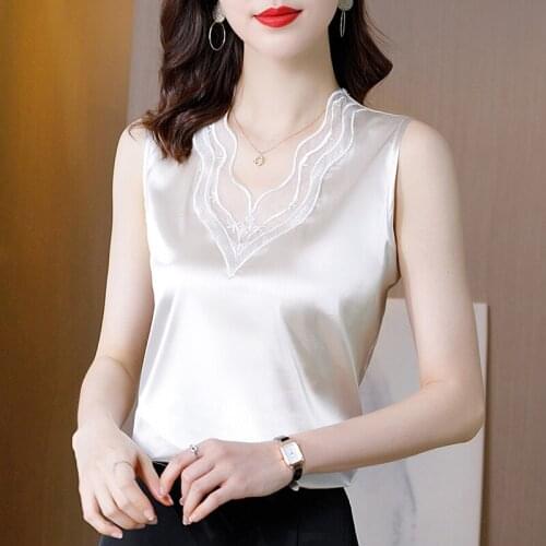 2021 Summer Womens Tank Tops Camis Sleeveless Satin Top Women Sexy Embroidery Lace V-neck Off Shoulder Solid Loose Casual Vest