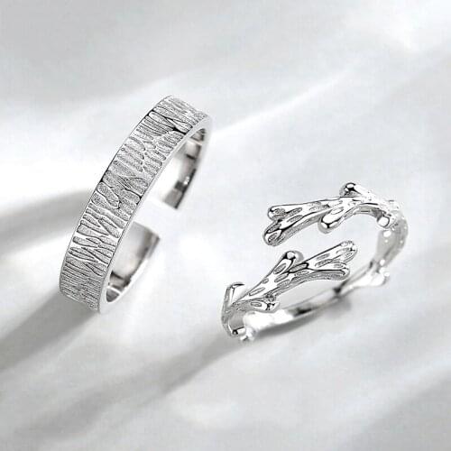 Male Female Small Round Branch Ring 100% Real Sterling Silver Couple Wedding Ring Promise Open Engagement Rings For Women Men