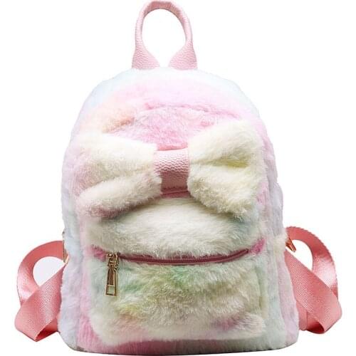 New Women Backpack Korean New Plush Bow Fashion Bag Casual Wild Backpack Winter Girl School Bag