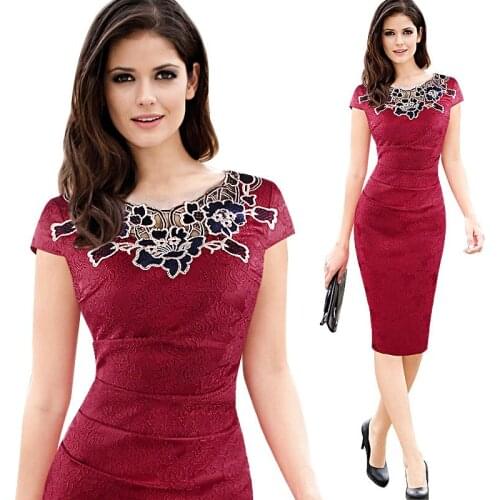 Charm Womens embroidery Elegant Vintage fabric Hollow out embroidered Ruched Pencil Evening Party Dress TB