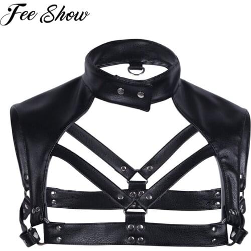 Sexy Men Erotic Lingerie Body Chest Harness Bondage Outfit Male Black Faux Leather Costume and Metal Choker Neck Press Buttons