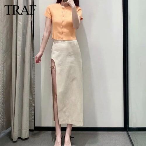 TRAF 2021 Summer Dress Solid Color Slim-fit Front Split Zipper Metal Ring Decoration Retro Fashion Temperament Daily Long Dress