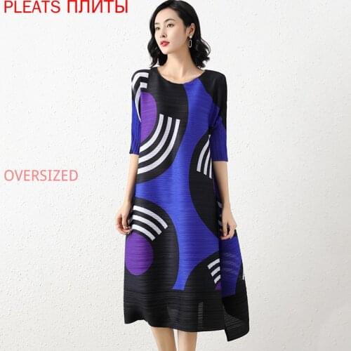 Pleated Plus Fertilizer Plus Print Dress Female Miyake Round Neck Sleeves Super Loose Large Swing Slit Mid-length