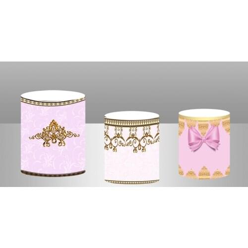 Custom Plinth Cover Cylinder Cake Table Banner Pink Bow Gold Lace Printed Kids newborn baby shower Cover