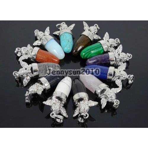 Natural Gems Stone Bullet Angle Wing Healing Pendant Charm Beads Silver Plated Healing Jewelry Design 10Pcs/Pack
