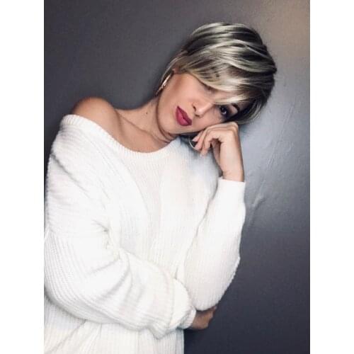 Rosa Star Short Synthetic Hair Wig Ombre Brown mixed Blonde Hair Wigs Natural Daily Wigs Heat Resistant Full Wig for Women