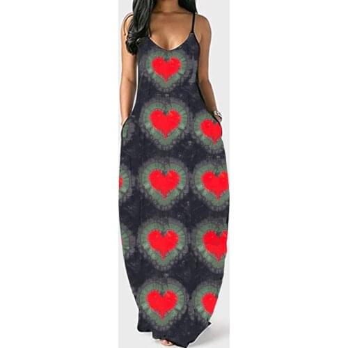 Heart Print Maxi Dresses Plus Size S-5XL for Women Loose Bohemian Sundress Vacation Beach Cover Up Spaghetti Strap Long Dress 2