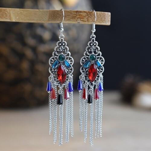 Ethnic Womens Flower Alloy Long Chain Tassel Ladies Earrings Bohemia Corful Crystal Dangle Earrings Jhumka